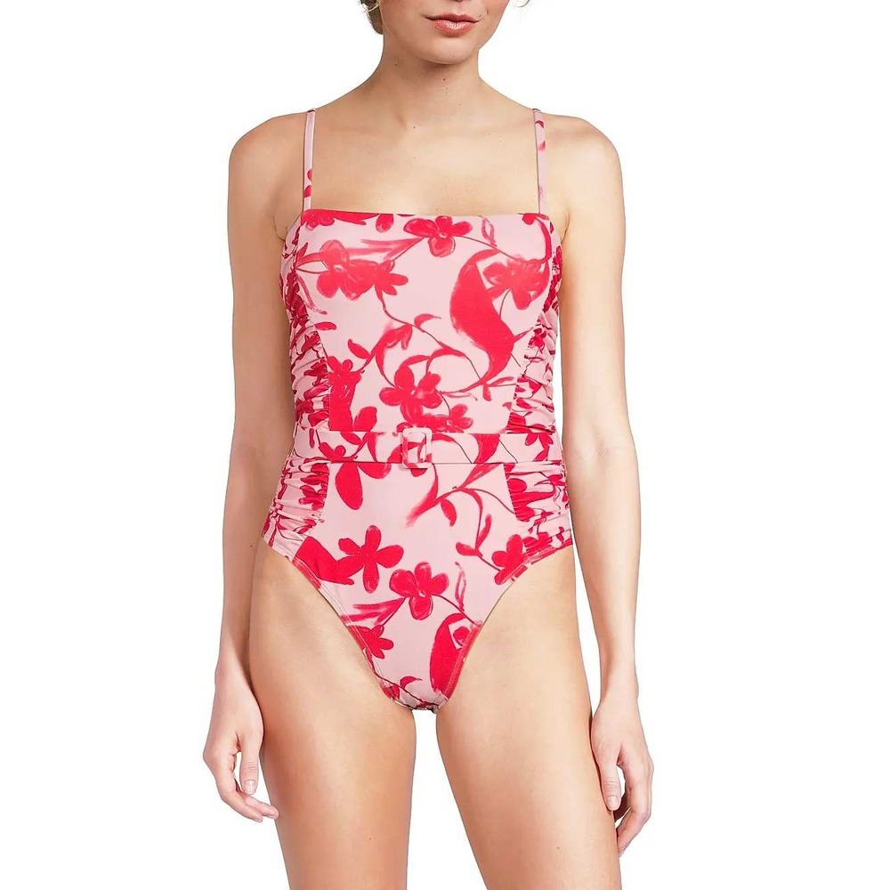 Hutch Jenny One Piece Swimsuit Medium Lipstick Floral Belted Square Neck NWT - Picture 3 of 6